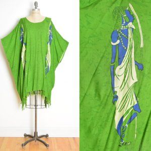vintage 90s dress green African people print caftan draped batik batwing tribal